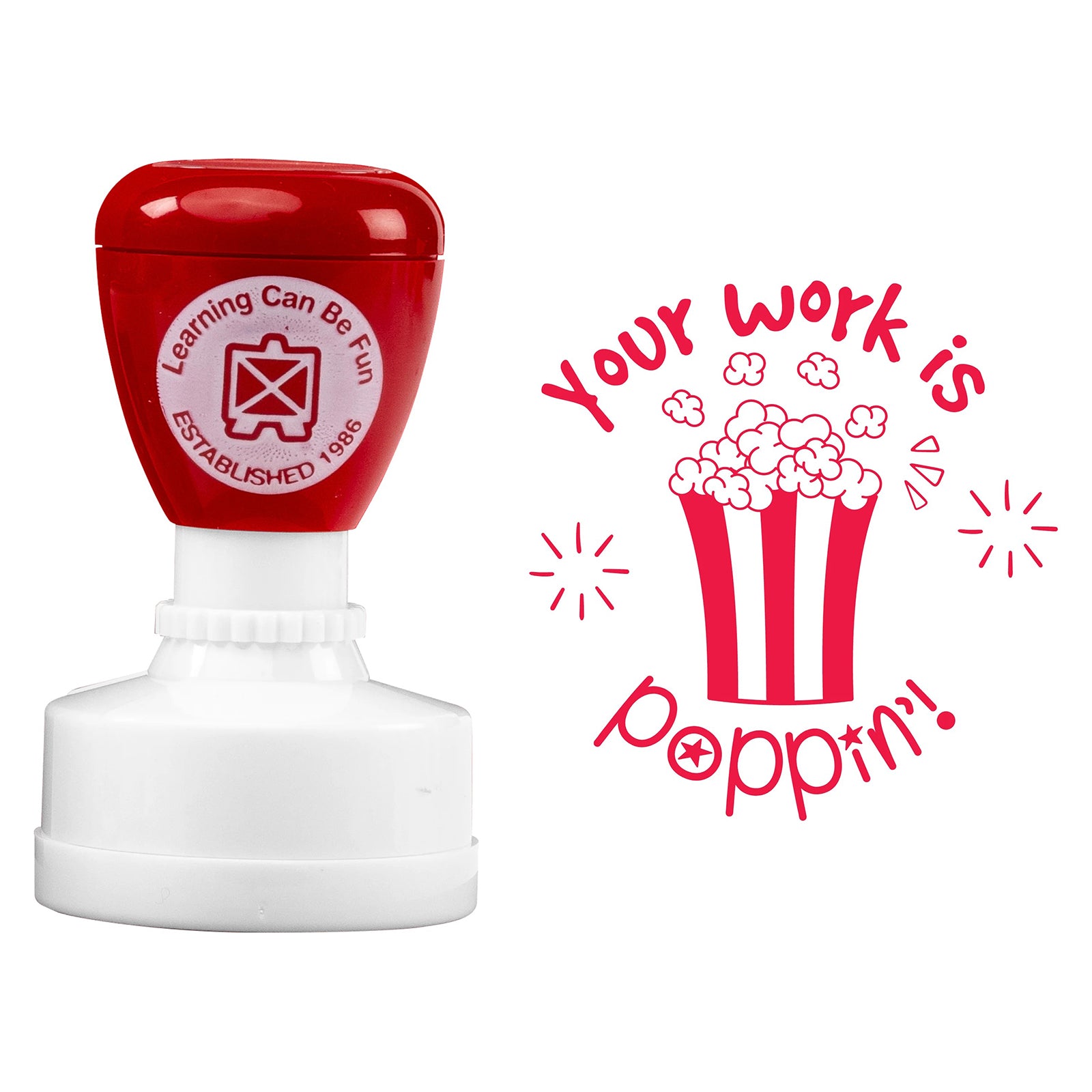 Product close up featuring the red self inking merit stamp alongside the complete popcorn themed artwork and motivational message. The image clearly displays the detailed design and bold impression used for rewarding student success.