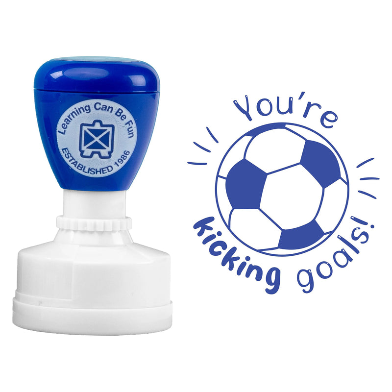 Isolated product image featuring the self inking stamp next to the complete soccer ball stamp design. The image clearly displays the detailed artwork, encouraging message and durable stamp construction.