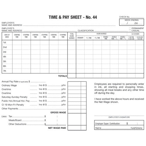 Zions No. 44 Employee Time Sheets 175 x 215mm Pack of 100