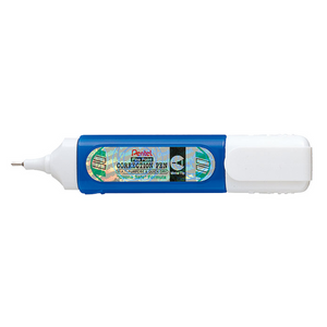 Pentel ZL31 fine point correction pen with a blue barrel, white cap and holographic label reading Fine Point Correction Pen, Multi-Purpose and Quick Dry, with Metal Tip marked