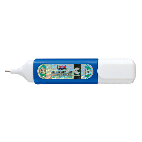 Pentel ZL31 fine point correction pen with a blue barrel, white cap and holographic label reading Fine Point Correction Pen, Multi-Purpose and Quick Dry, with Metal Tip marked