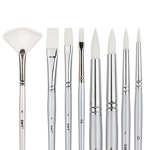 ZartArt Dynamic Taklon Brush Assorted Set of 8 showing round, flat and fan brushes with lacquered wooden handles fanned out on a white background