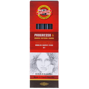Koh-i-noor Progresso 6 box of woodless graphite pencils, red pack printed 8B-6B-4B-2B-HB-Aquarell above a pencil portrait drawing