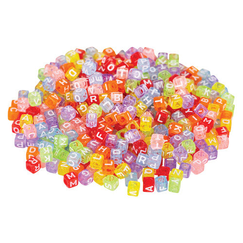 Zart Alphabet Cube Beads 100g pack showing assorted translucent coloured beads