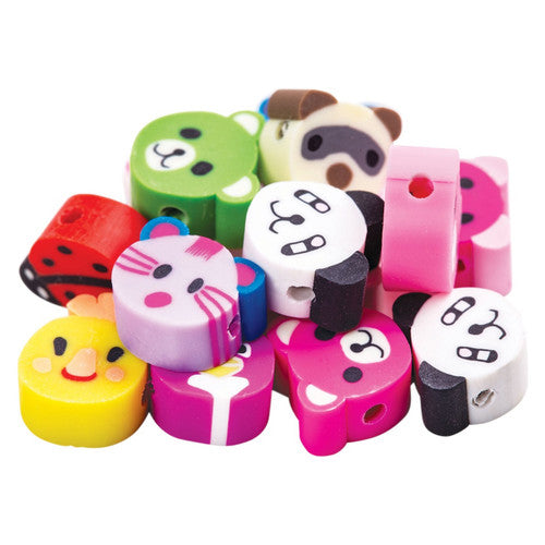 Close-up of silicone animal head beads including cat, bear, and panda designs