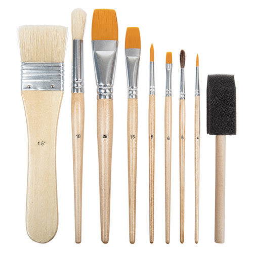 Zart assorted art and craft brush set of 9 with varnished wooden handles and silver aluminium ferrules