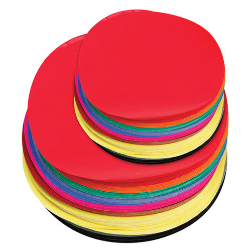 Zart assorted gloss paper circles in 12cm and 18cm sizes, showing 10 bright colours spread out on a flat surface