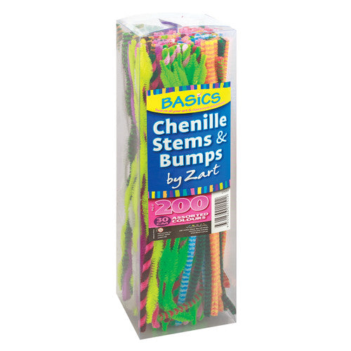 Zart Basics Chenille Stems and Bumps in assorted colours, 30cm long, pack of 200 with clear storage container