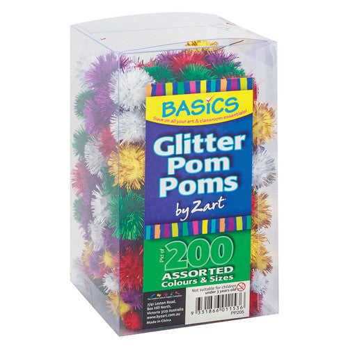 Zart Basics Glitter Pom Poms Assorted Pack of 200. Zart Basics Glitter Pom Poms in assorted colours and three sizes spread on a white surface.