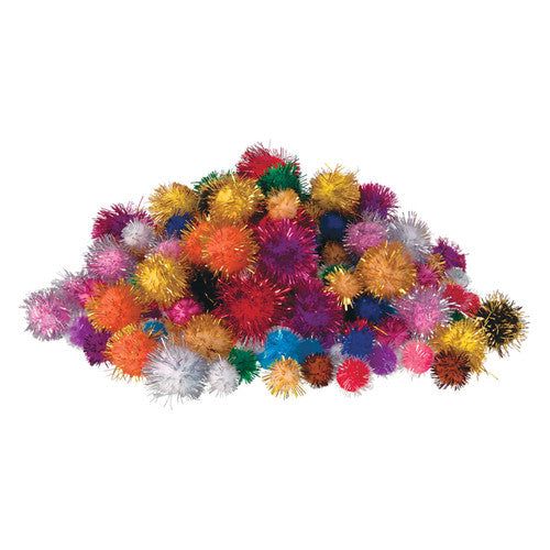 Pack of 200 Zart Basics Glitter Pom Poms in clear storage container showing assorted glitter colours