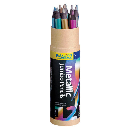 Zart Basics Jumbo Metallic Pencils pack of 12 in assorted metallic colours stored in a reusable cardboard cylinder