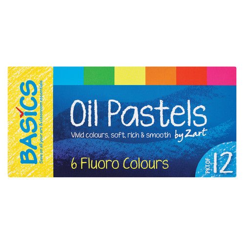 Zart Basics Oil Pastels Large Fluoro Pack of 12. Zart Basics large fluorescent oil pastels pack of 12 showing 6 vibrant fluoro colours.