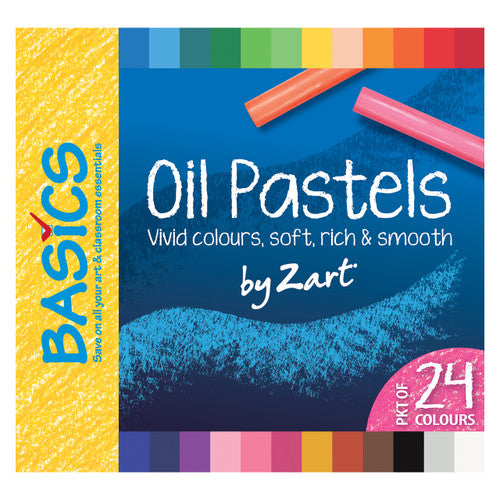 Zart Basics Oil Pastels Large Pack of 24. Zart Basics Large Oil Pastels showing 24 assorted colour pastels laid out together.