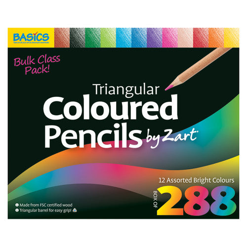 Zart Basics Triangular Colour Pencils in 12 assorted bright colours, bulk pack of 288