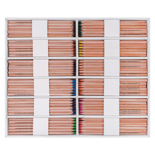 Close-up of triangular barrel colour pencils showing assorted colours from the Zart Basics range