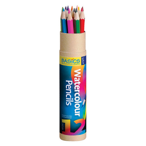 Zart Basics Watercolour Pencils pack of 12 assorted colours with Taklon brush in reusable cardboard cylinder