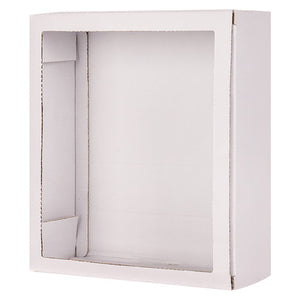 Zart white cardboard diorama box, self-standing, assembled showing 23cm x 20cm x 8cm dimensions