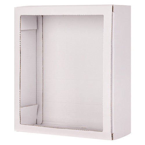 Zart white cardboard diorama box, self-standing, assembled showing 23cm x 20cm x 8cm dimensions