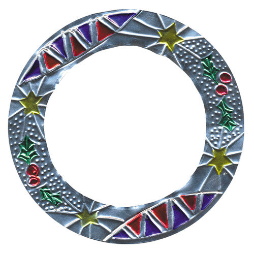 Assorted decorated cardboard rings and circles used as hanging decorations and mini wreaths
