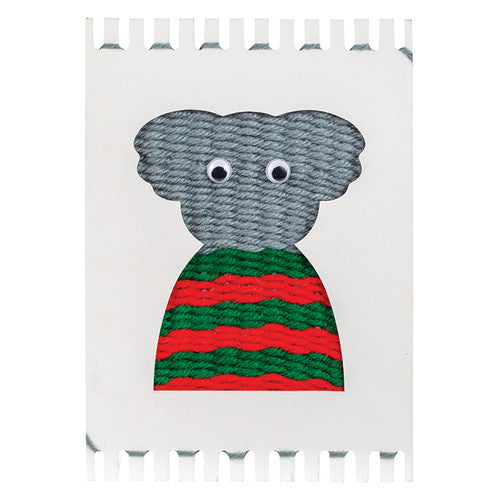Completed woven koala loom showing yarn pattern detail
