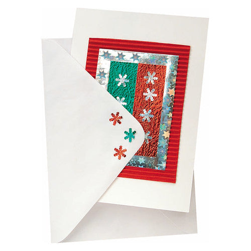 Close-up of a single Zart white card folded to 12 x 17cm beside its matching envelope