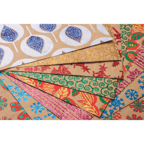 All 8 festive Christmas glitter paper designs from the Zart 40-sheet assorted pack