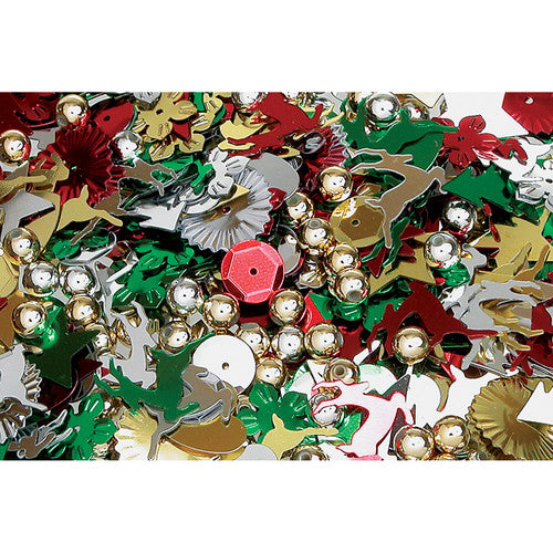 Close-up of assorted Christmas sequins showing star, Santa, tree and 3D bead shapes in metallic colours