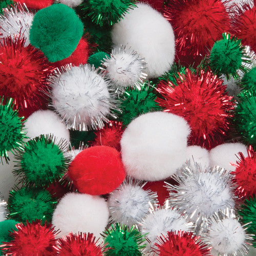 Close-up of assorted Christmas pom poms in 12mm, 18mm, and 25mm sizes