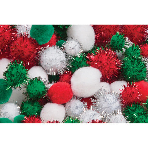 Zart Christmas Pom Poms spread out showing glitter and plain varieties in festive colours