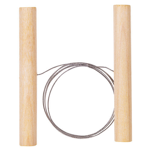 Zart Clay Cutter with Handles. Zart clay cutter with wooden handles and wire, shown ready for use on a clay block.