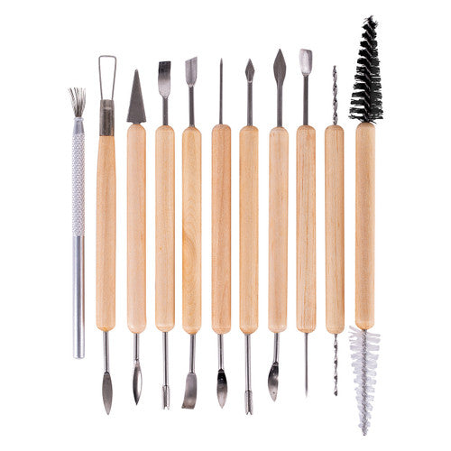 Zart clay modelling clean-up tool kit showing 11 wooden-handled tools with assorted stainless steel tips and plastic storage wallet