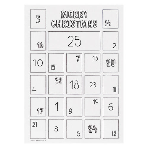 Zart ColourMe Advent Calendars A3 Pack of 10. Zart ColourMe A3 Advent Calendar showing printed front with 25 numbered windows ready to colour.