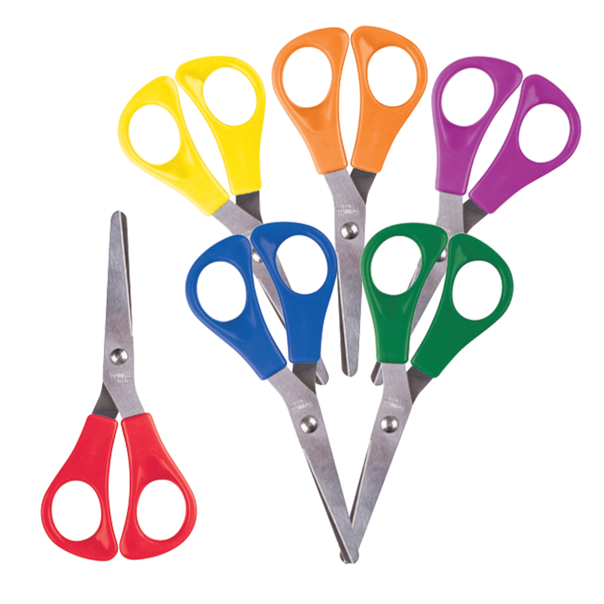 Zart coloured junior scissors shown as a group in assorted handle colours including red, blue, green and yellow, blades closed on a white background.