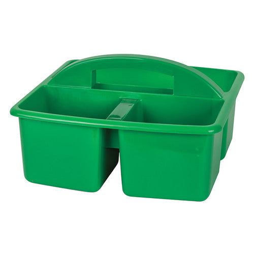 Zart Coloursorts green plastic classroom caddy with three compartments and carry handle, shown from the front