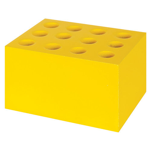 Zart Coloursorts Scissor Brush Block in yellow FSC certified pinewood, front view showing storage holes