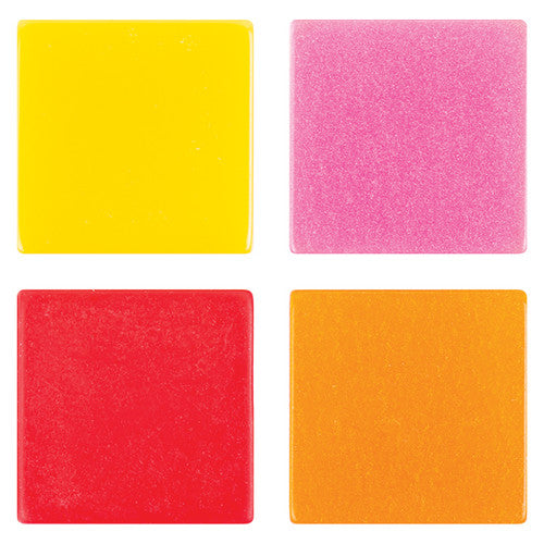 Zart Deco Mosaic Tiles Warm Tones 150g. Close-up of warm tone mosaic tiles in yellow, orange, pink and red with four surface finishes