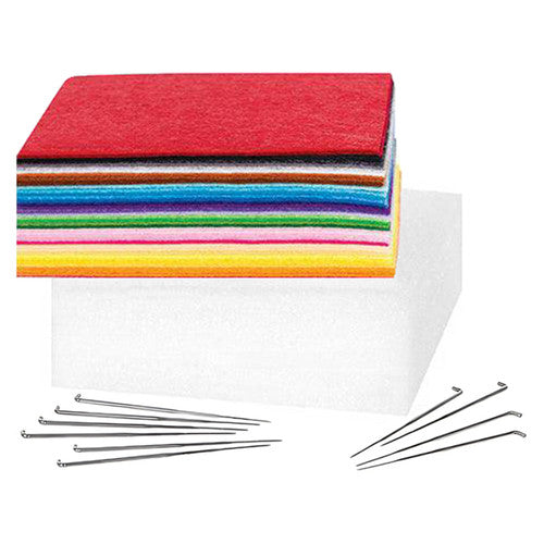 Zart Dry Felting Kit laid out showing foam blocks, barbed needles and assorted wool felt squares