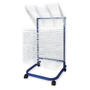 Zart 25-shelf drying art rack with castors, showing adjustable shelves for artwork storage in a classroom or art room setting