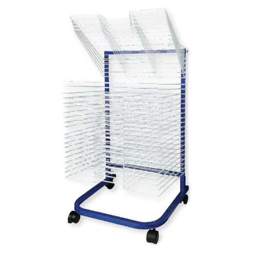 Zart 25-shelf drying art rack with castors, showing adjustable shelves for artwork storage in a classroom or art room setting