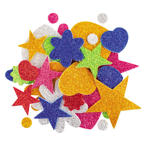 Zart EVA glitter foam shapes in assorted colours including gold, silver, red, blue, pink and green
