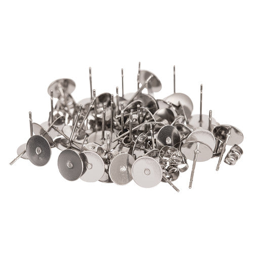 Zart 8mm stainless steel earring posts and studs, pack of 100, shown loose on a white surface