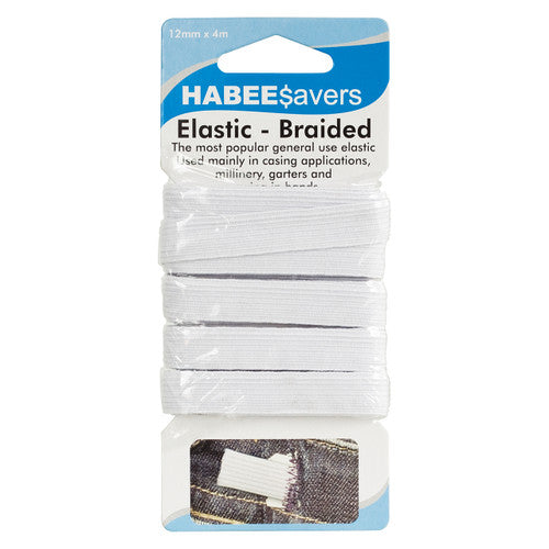Zart white braided elastic, 12mm wide and 4 metres long, on a plain background