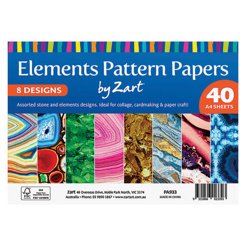 Zart Elements Pattern Papers A4 pack of 40 sheets fanned out showing mineral designs