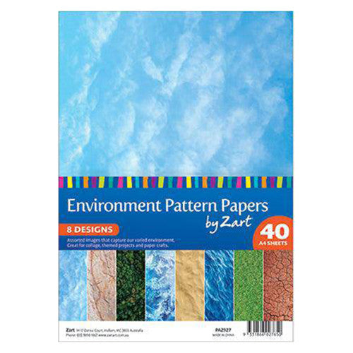 Zart Environment Patterned Paper A4 pack of 40 sheets fanned out showing 8 natural designs