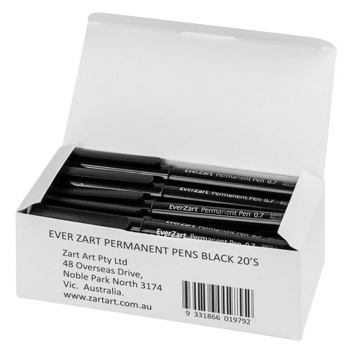 Zart EverZart Permanent Pen Black 0.7mm Tip Pack of 20. Zart EverZart permanent pen with 0.7mm black fine tip, single pen view.
