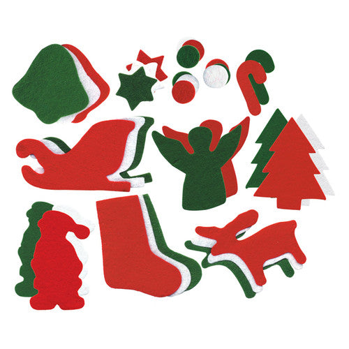 Close-up of felt Santa, Bell, Boot, Sleigh and Star shapes from the Zart 200-piece pack