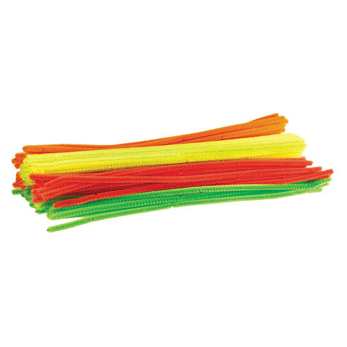 Zart fluorescent chenille stems in four assorted colours, pack of 100, each stem 30cm long with wire centre