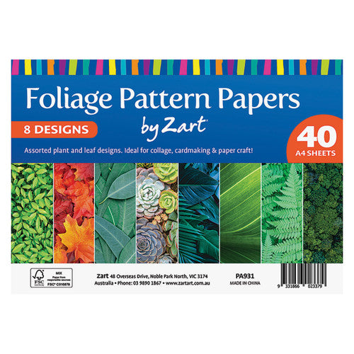 Zart Foliage Pattern Papers A4 pack of 40 sheets fanned out showing variety of designs