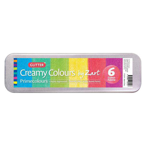 Close-up of six glitter watercolour pans showing red, plum, yellow, green, teal and blue
