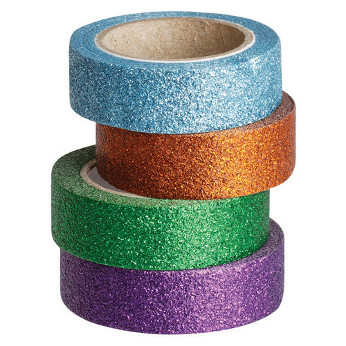 Close-up of glitter washi tape roll showing gold and silver finishes